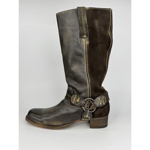 Bed|Stü Womens Leather Harness Boots 9.5 Brown Distressed Western Moto Boho - Picture 2 of 16